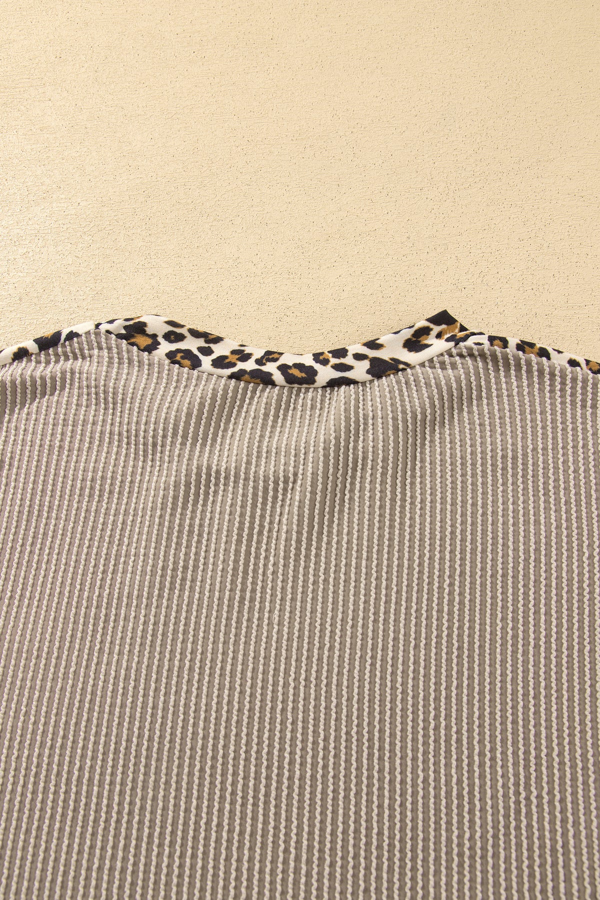 Simply Taupe Cozy Ribbed Patchwork Leopard Trim Long Sleeve 2pcs Pant Set 🇺🇸