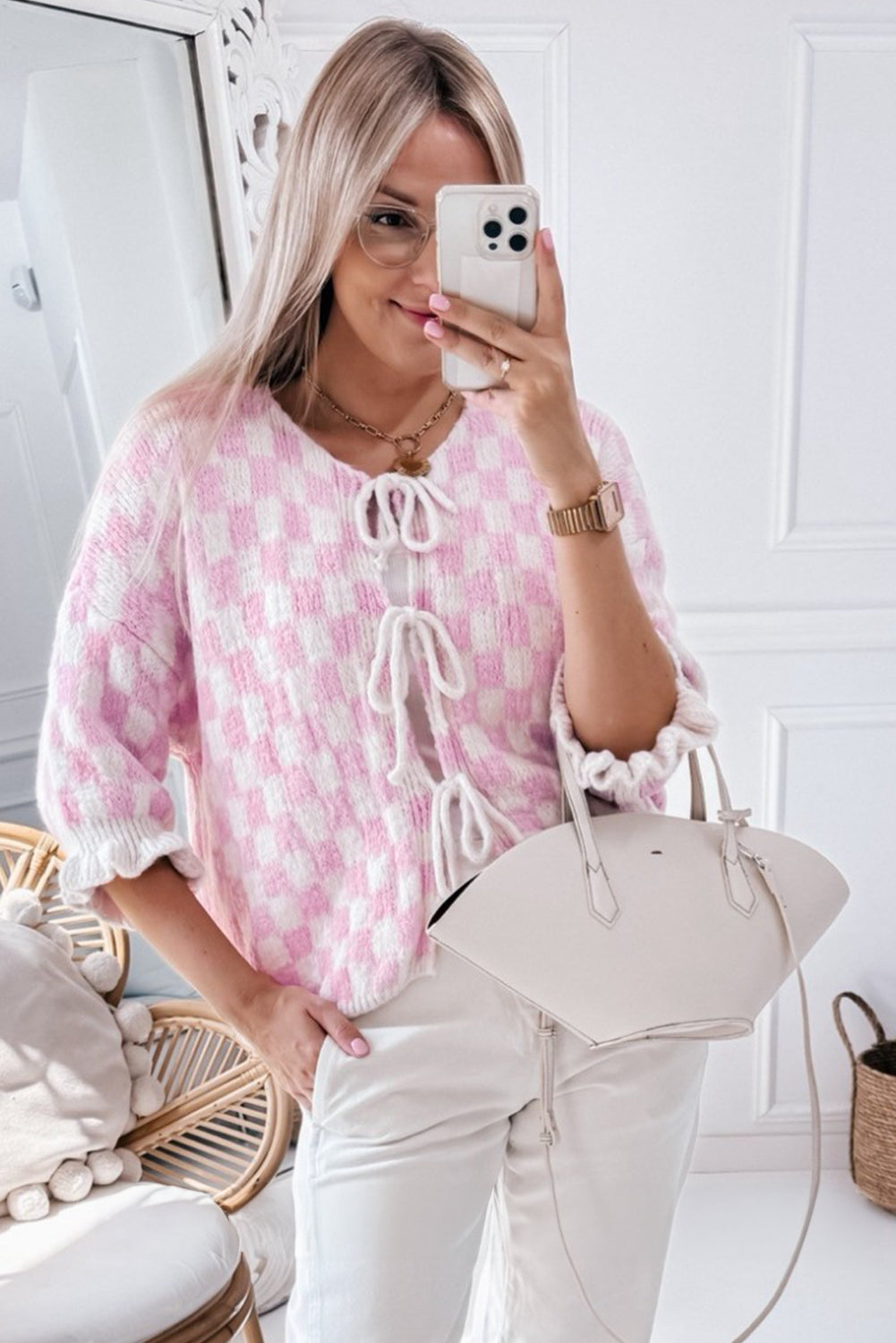 Light Pink Checkered Knitted Lace-up Ruffled 3/4 Sleeve Cardigan 🇺🇸
