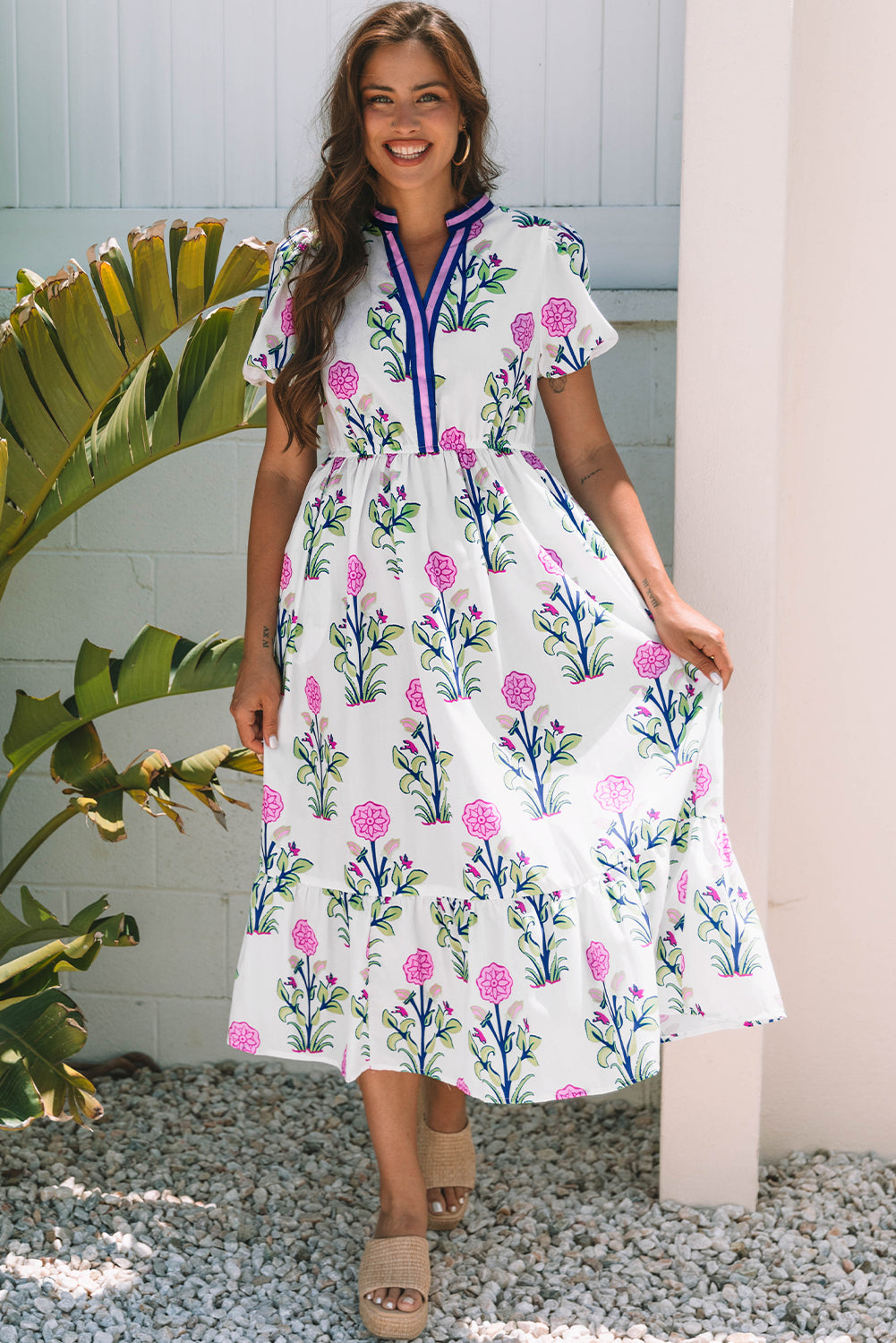 White Floral Puff Short Sleeve V Neck High Waist Maxi Dress 🇨🇳
