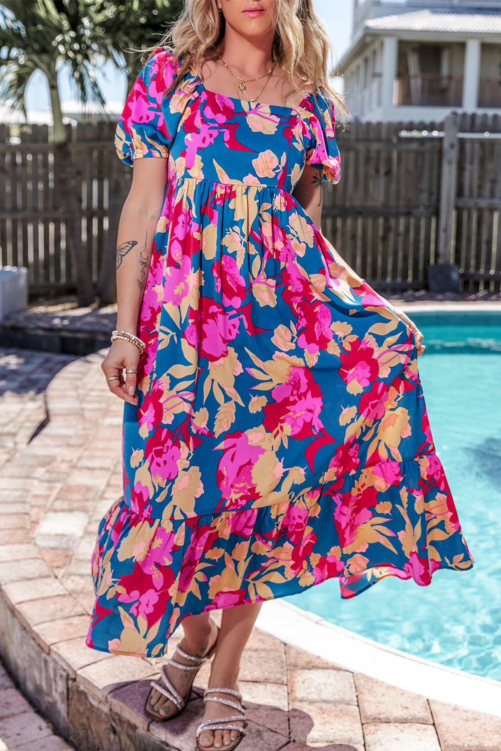 Dark Blue Square Neck Bubble Sleeve Ruffled Floral Dress 🇺🇸