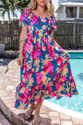 Dark Blue Square Neck Bubble Sleeve Ruffled Floral Dress 🇺🇸