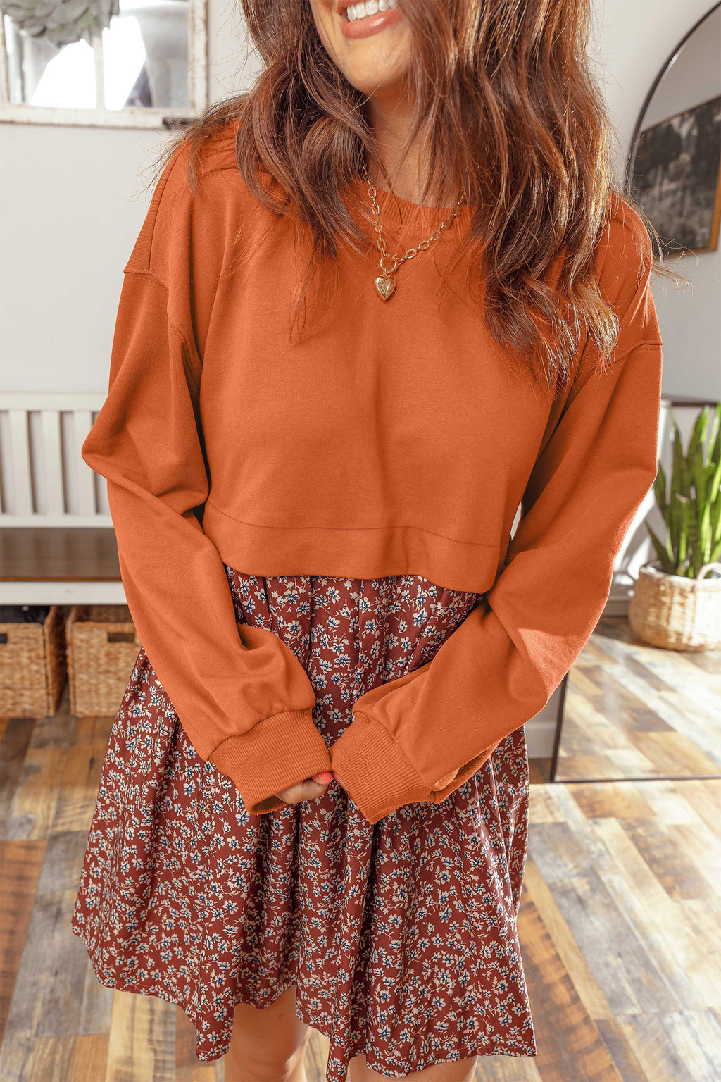 Orange Solid Long Sleeve Top Patchwork Floral Flared 2-in-1 Mini Dress 🇺🇸