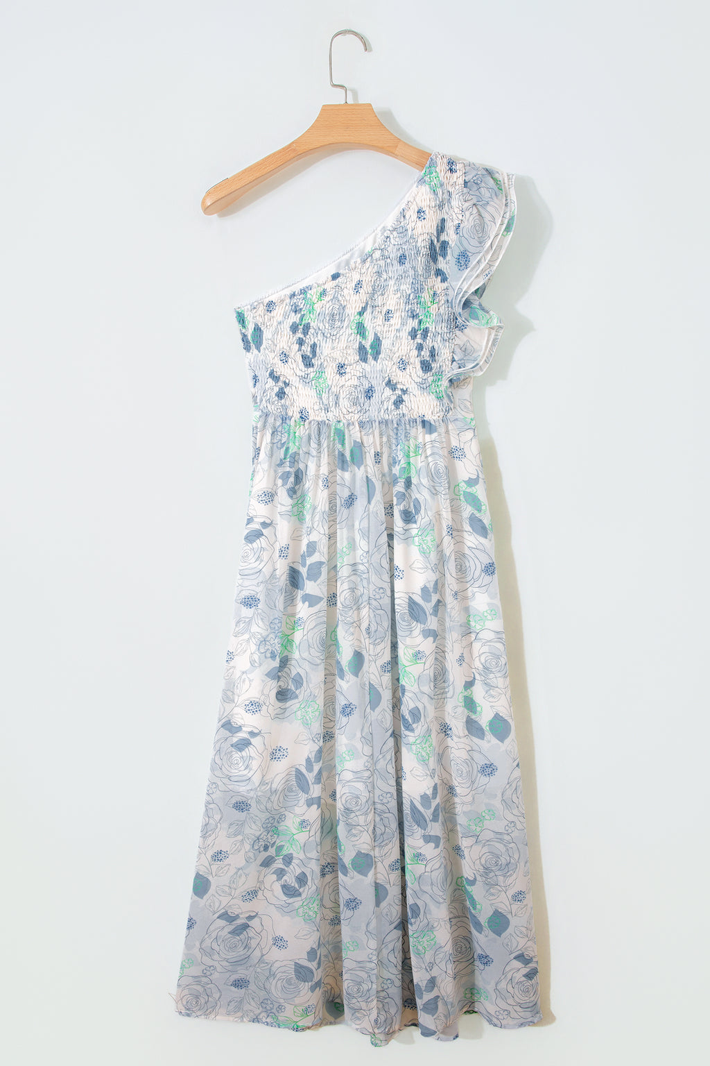 Sky Blue Floral Print Ruffled One Shoulder Vacation Maxi Dress 🇺🇸