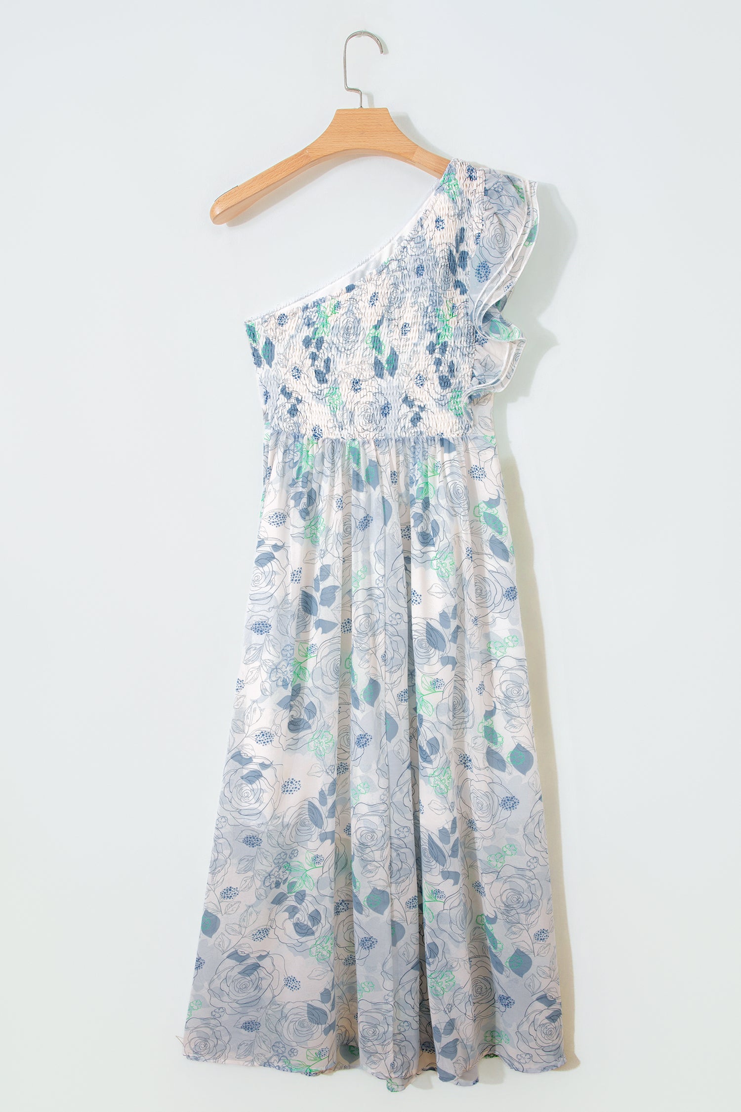 Sky Blue Floral Print Ruffled One Shoulder Vacation Maxi Dress 🇺🇸