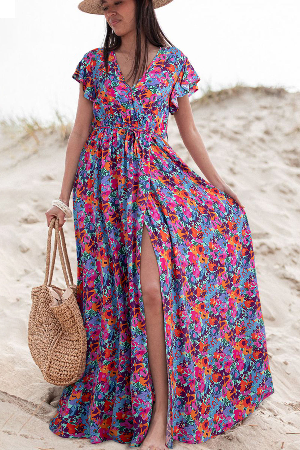 Blue Floral Print V Neck Wrap Split Maxi Dress 🇺🇸