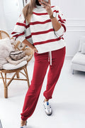 Red Stripe Drop Shoulder Pullover and Jogger Pants Set 🇨🇳