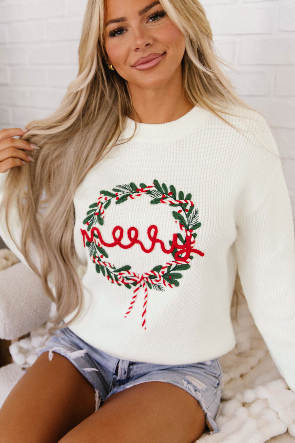 White Christmas Wreath Pattern Round Neck Casual Sweater 🇺🇸