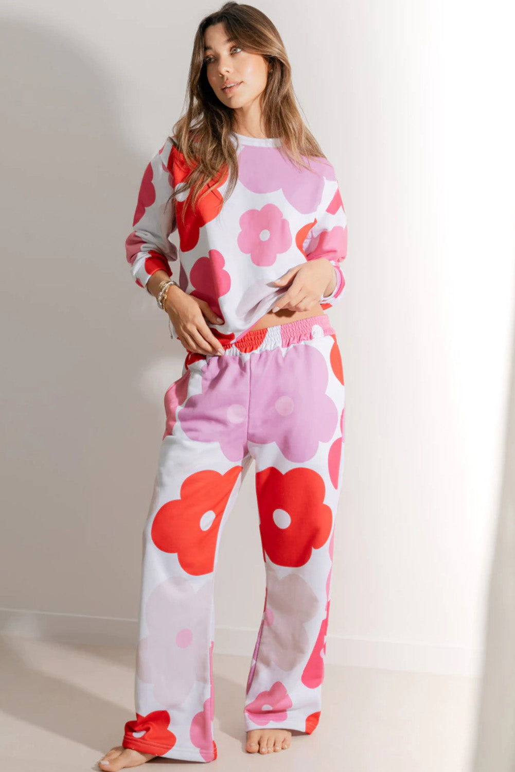 White Floral Print Pullover Top Sweatpants Lounge Set 🇨🇳