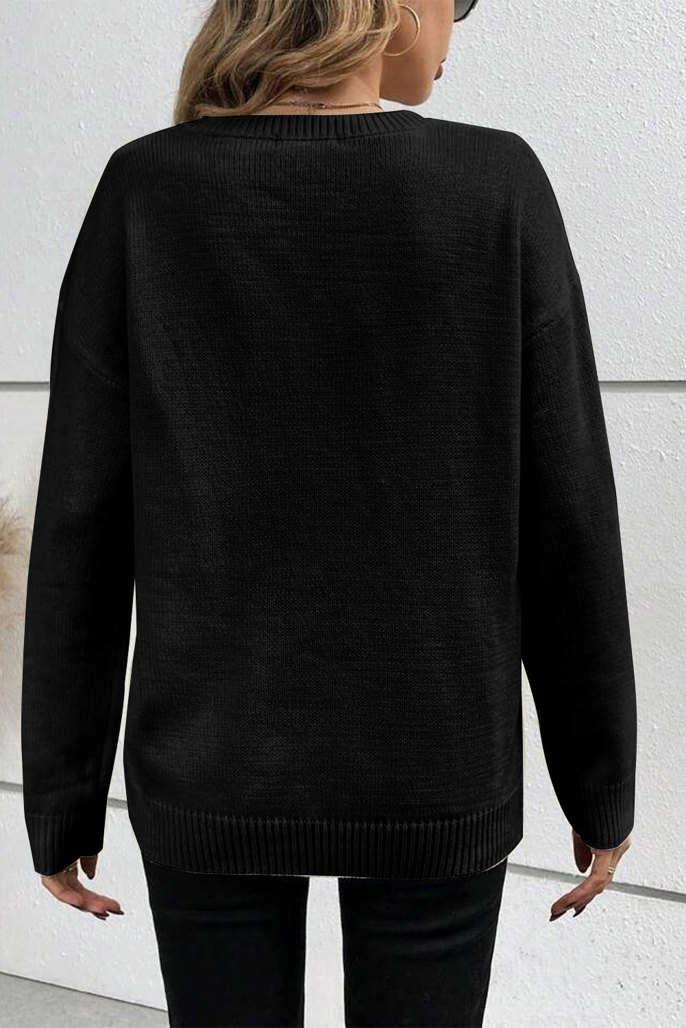 Black Boo Knitted Pattern Ribbed Edge Drop Shoulder Sweater 🇺🇸