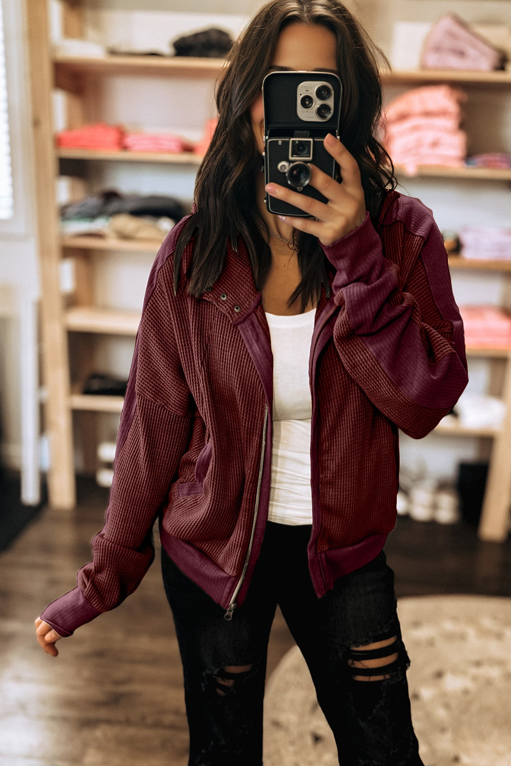 Burgundy Waffle Splicing Zip Up Front Button Hooded Jacket 🇺🇸