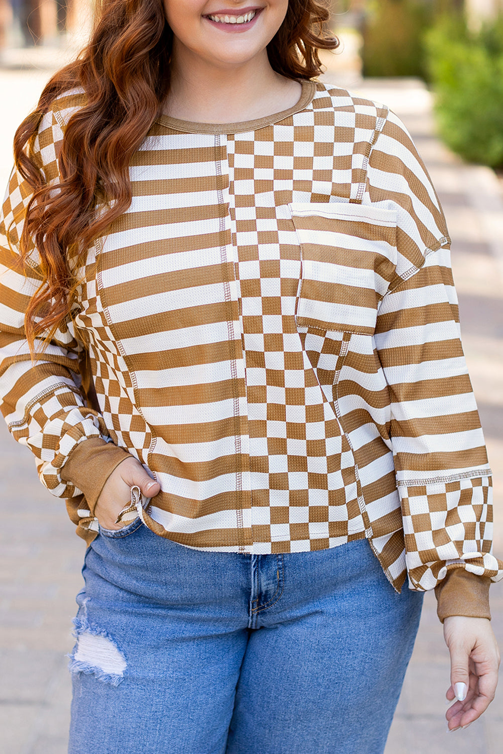 Khaki Striped Checkered Mixed Print Chest Pocket Casual Plus Size Top 🇺🇸