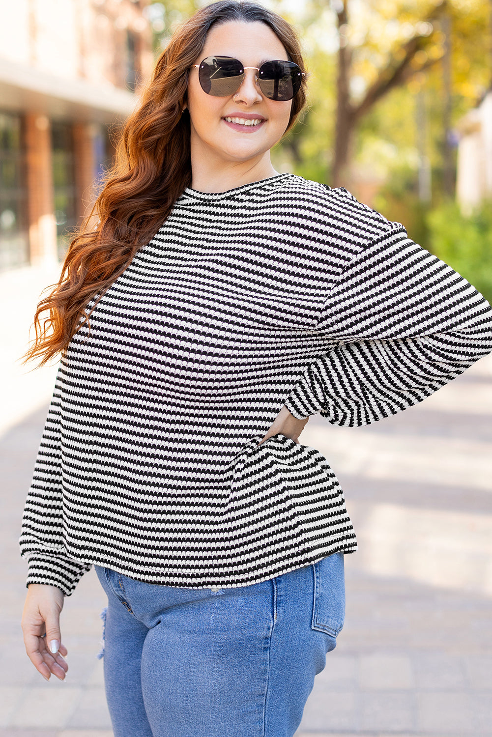 Black Stripe Drop Shoulder Puff Long Sleeve O Neck Plus Size T Shirt 🇨🇳