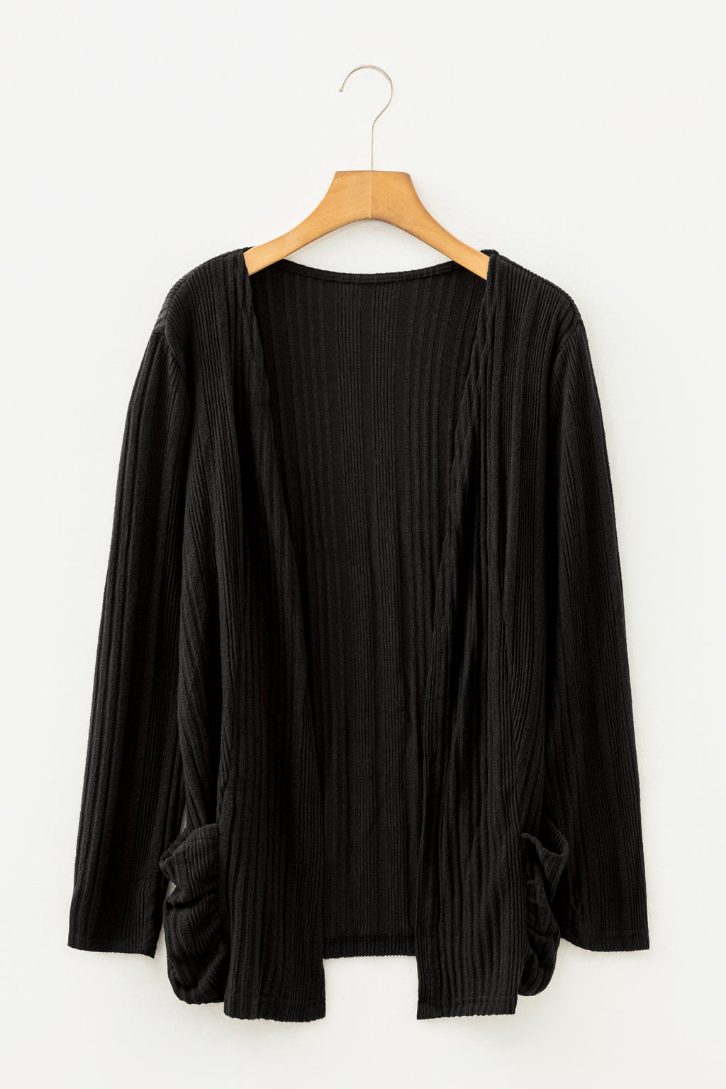 Black Ribbed Open Front Knitted Top with Pockets 🇺🇸