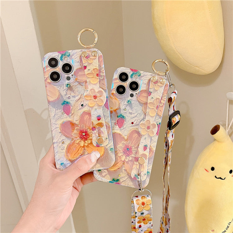 Summer Fresh Yellow Flowers Suitable For Apple iPhone 12 promax Mobile Phone Cover Blue Rhinestone XS Lanyard 🇨🇳