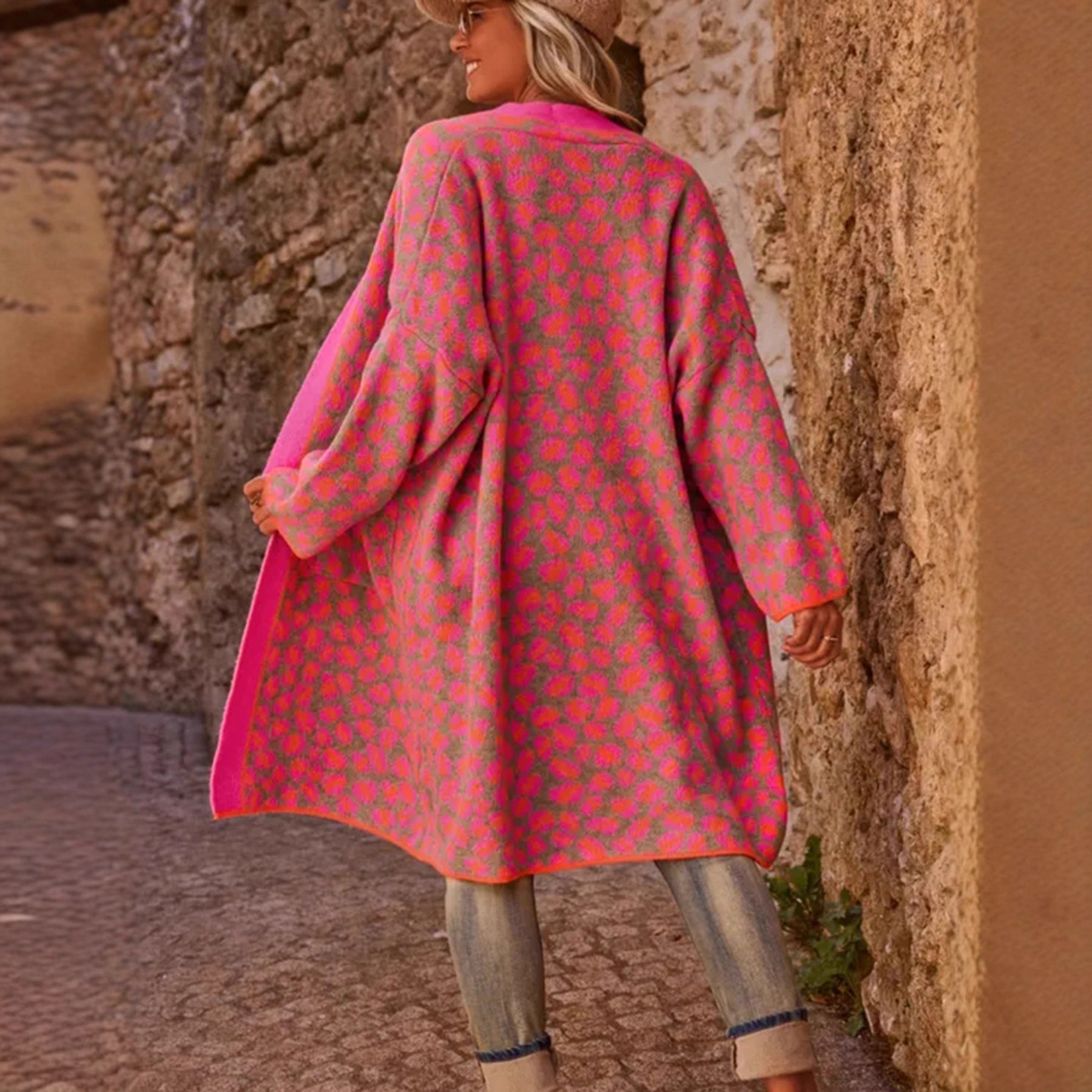Color Block Leopard Print Long Knit Retro Pocket Cardigan 🇨🇳