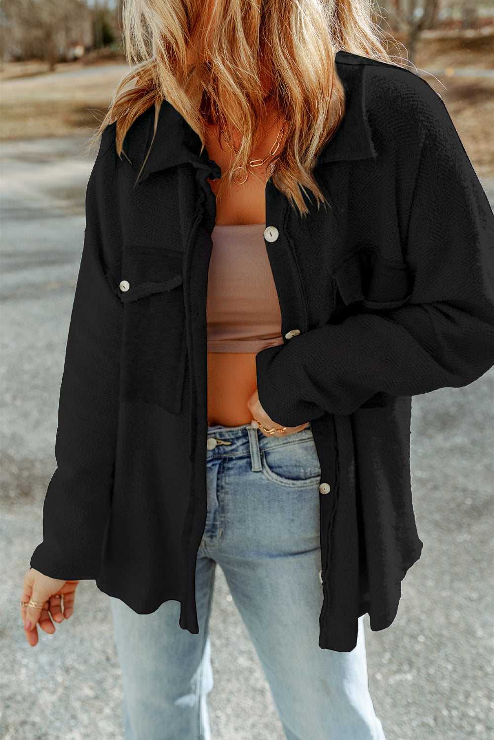 Black Contrast Flap Pockets Relaxed Shacket 🇺🇸