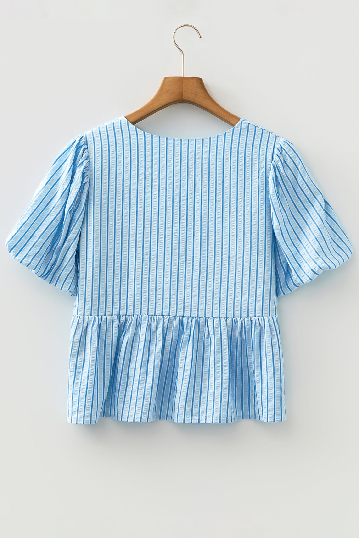 Sky Blue Stripe Bow Knot Textured Short Puff Sleeve Babydoll Blouse 🇺🇸