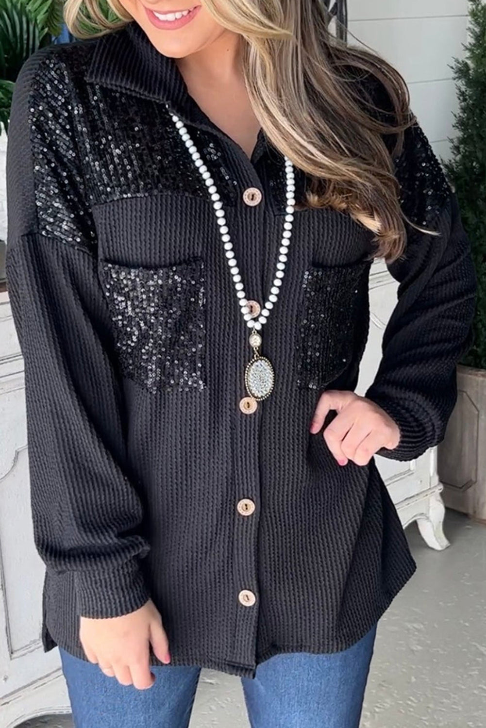 Black Sequin Patch Chest Pocket Corded Shacket 🇺🇲