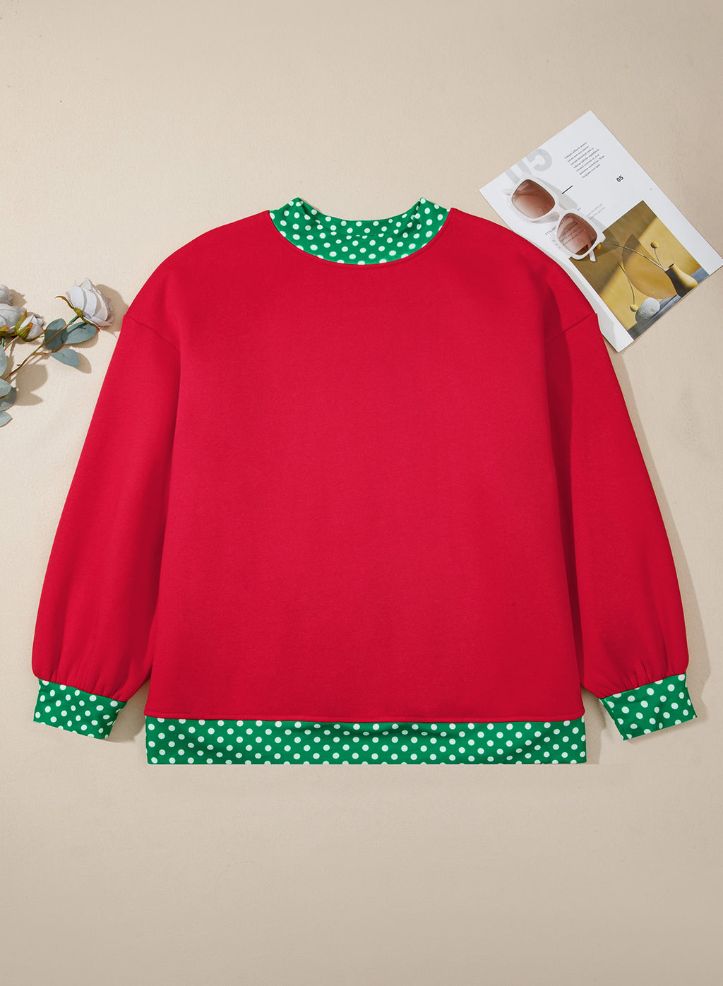 Red Polka Dot Patchwork Round Neck Plus Size Sweatshirt 🇺🇸