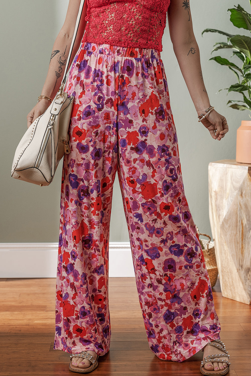 Purple Floral Wide Leg Elastic High Waist Pants 🇨🇳