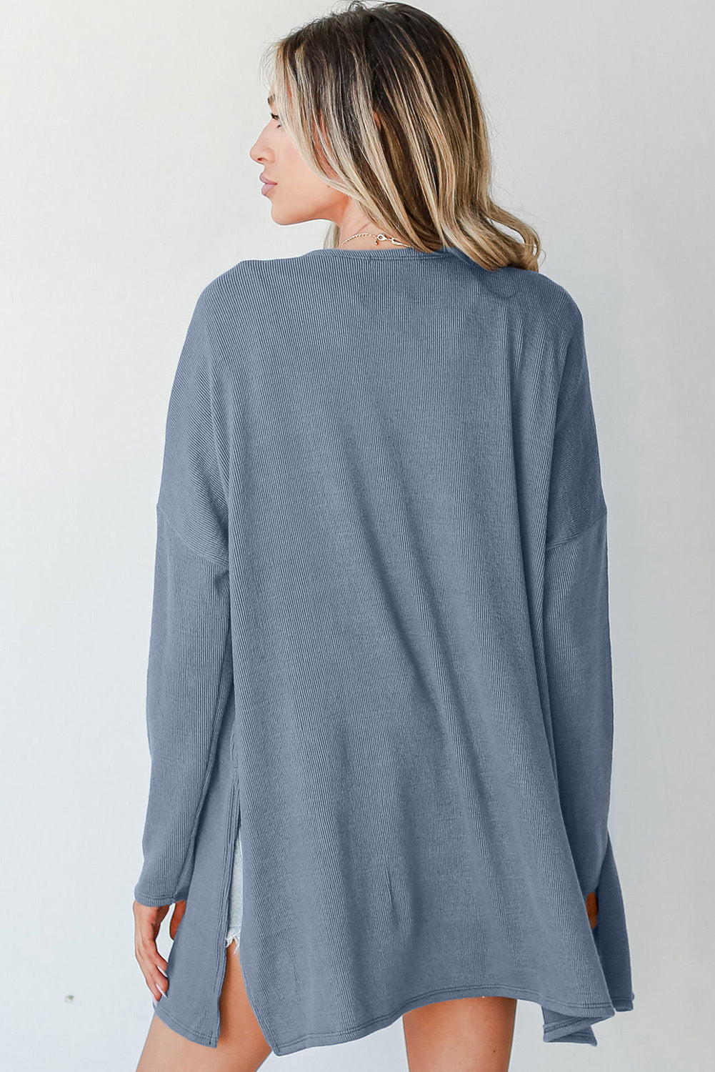 Ashleigh Blue Solid Color Rib Knit Open Front Tunic Cardigan 🇨🇳