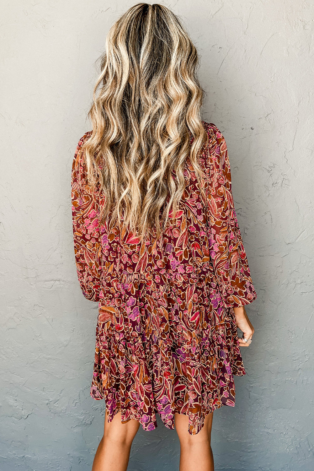 Red Floral Print Long Sleeve Shirred High Neck Loose Mini Dress 🇺🇸