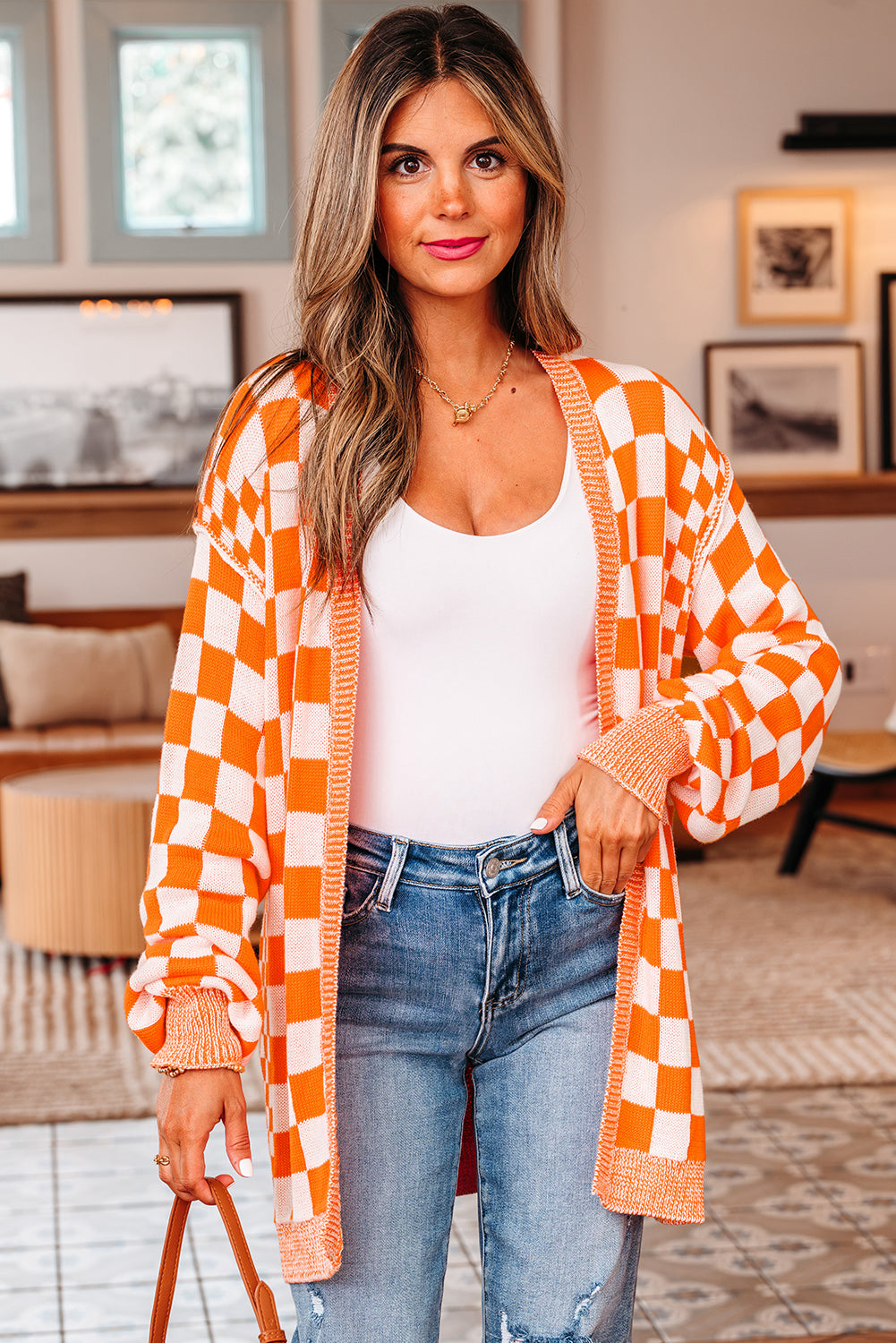 Orange Checkered Open Front Drop Shoulder Cardigan 🇺🇸