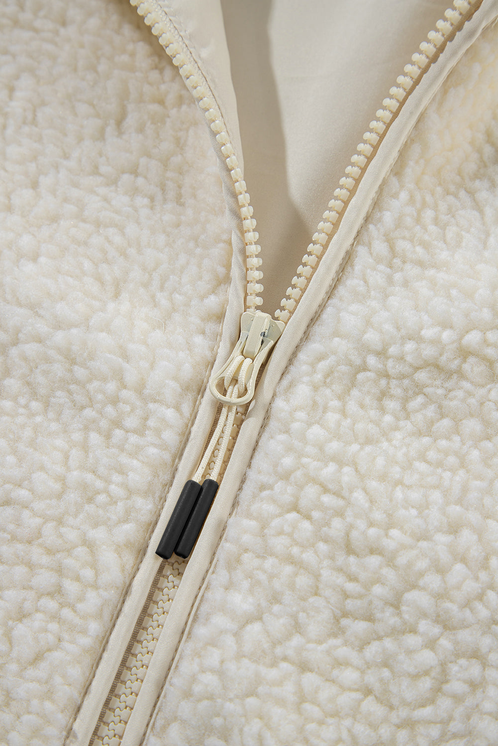 Beige Fleece Zip Up Drawstring Hooded Pocketed Jacket 🇺🇸