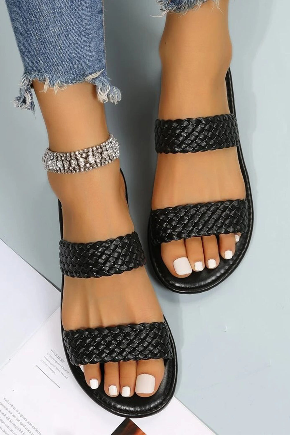 Black Braided Double Band Leathered Flat Slippers 🇨🇳
