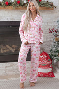 Pink Abstract Santa Print Long Sleeve Full-Length 2Pcs Lounge Set 🇺🇸
