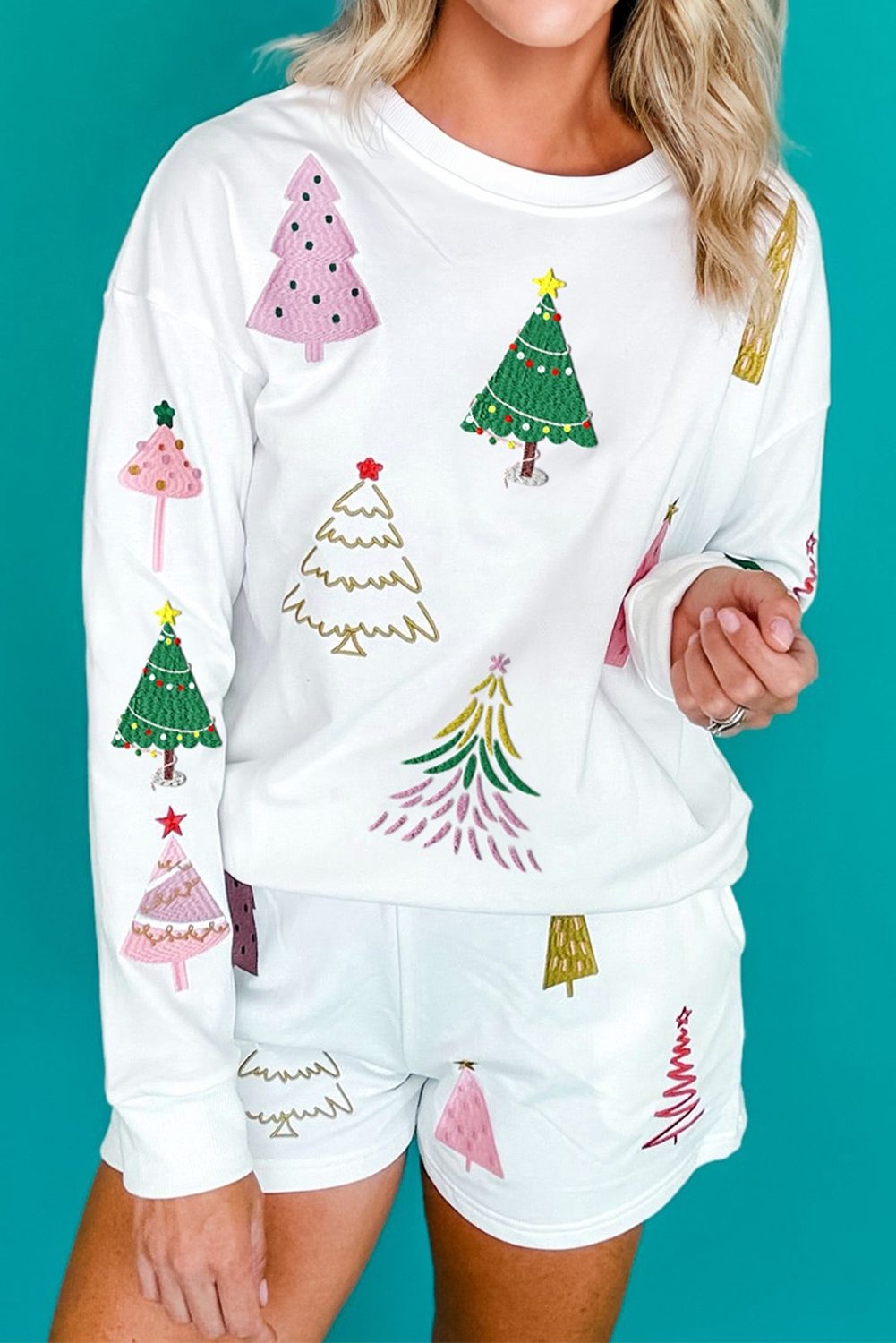 White Stripe Multi Christmas Tree Long Sleeve Top and Shorts 2pcs Lounge Set 🇺🇸