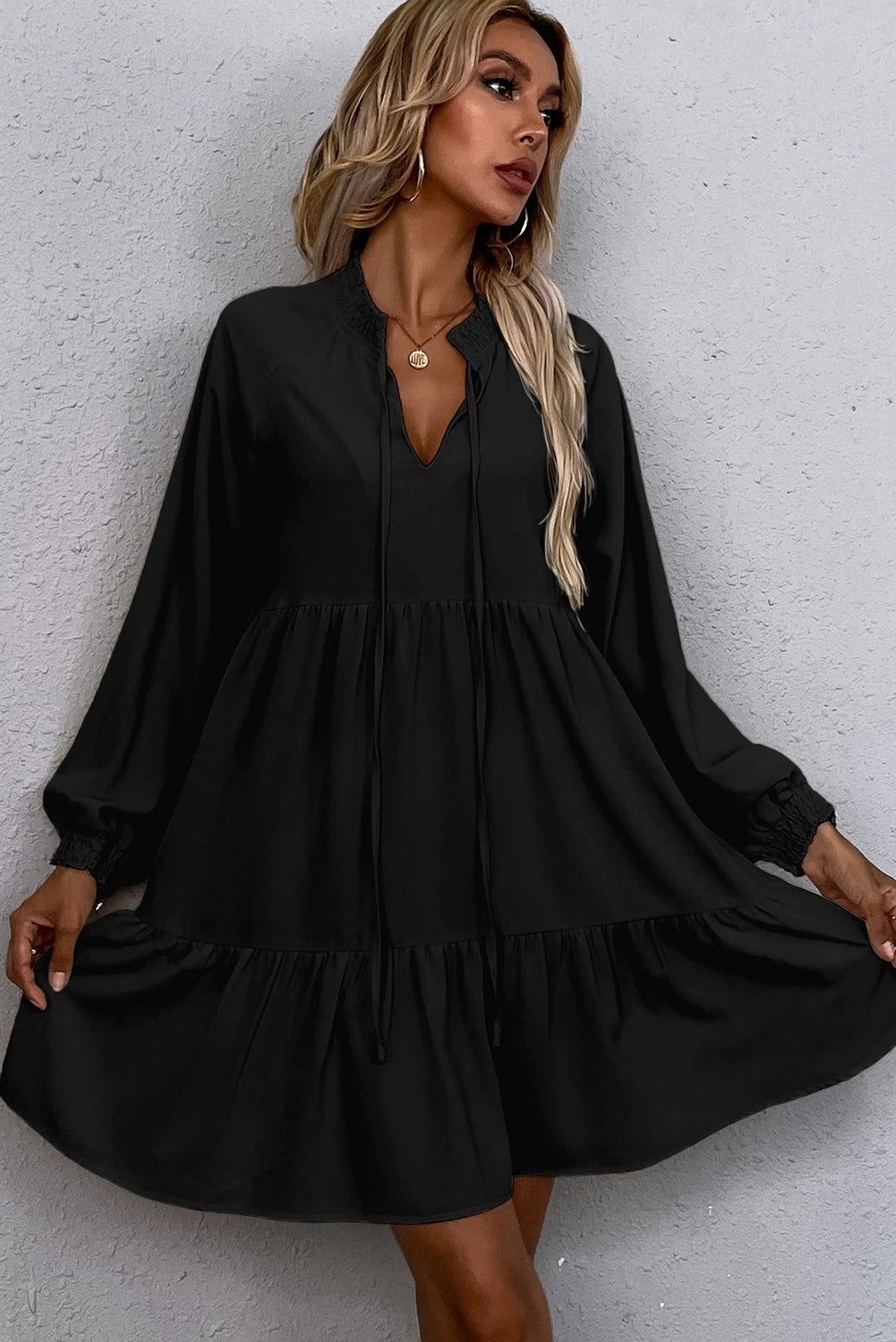 Black Tie Split Neck Smocked Detail Long Puff Sleeve Ruffle Hem Loose Dress 🇺🇸
