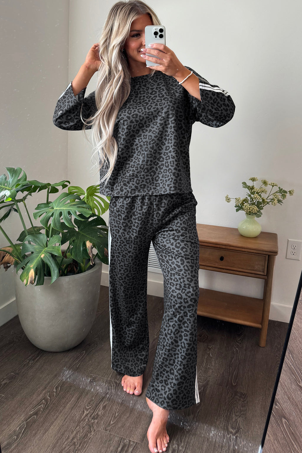 Gray Leopard Print Varsity Striped Detail 3/4 Sleeve Top Shift Pant Set 🇺🇸