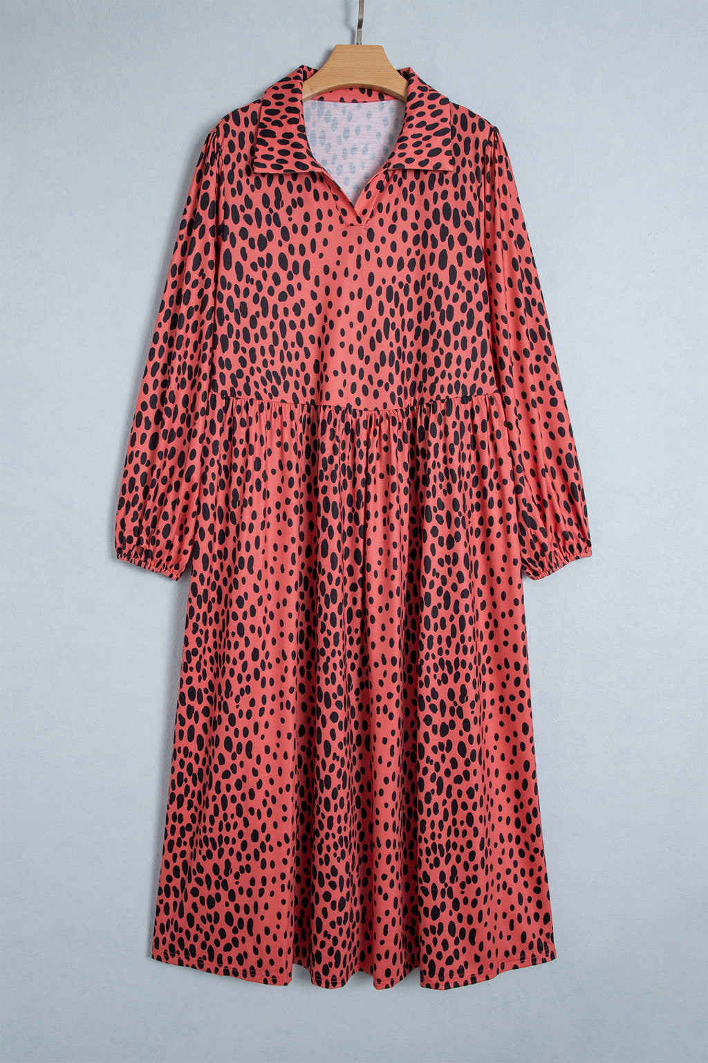 Red Leopard Print Long Sleeve V Neck Plus Size Midi Dress 🇺🇸