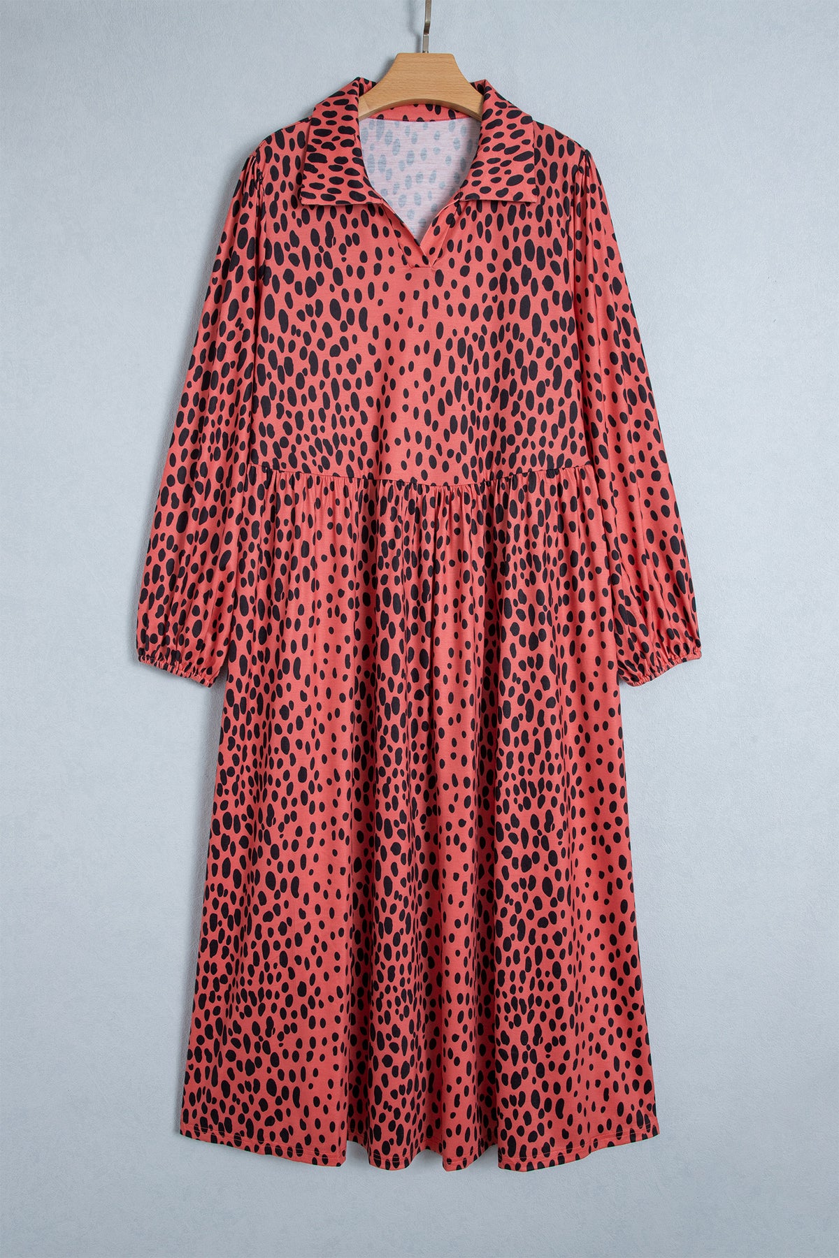 Red Leopard Print Long Sleeve V Neck Plus Size Midi Dress 🇺🇸