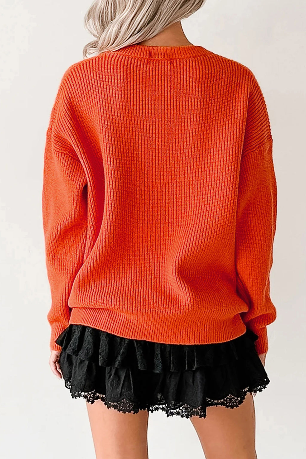 Orange Drop Shoulder Long Sleeve Round Neck Halloween Sweater 🇺🇸