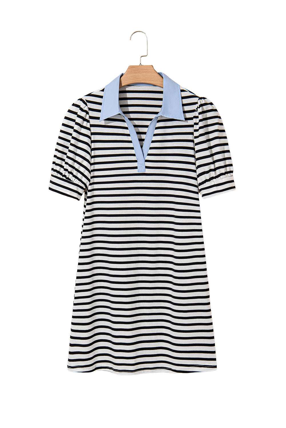 Black Stripe Contrast V Neck Collared Puff Sleeve T Shirt Mini Dress with Pockets 🇨🇳