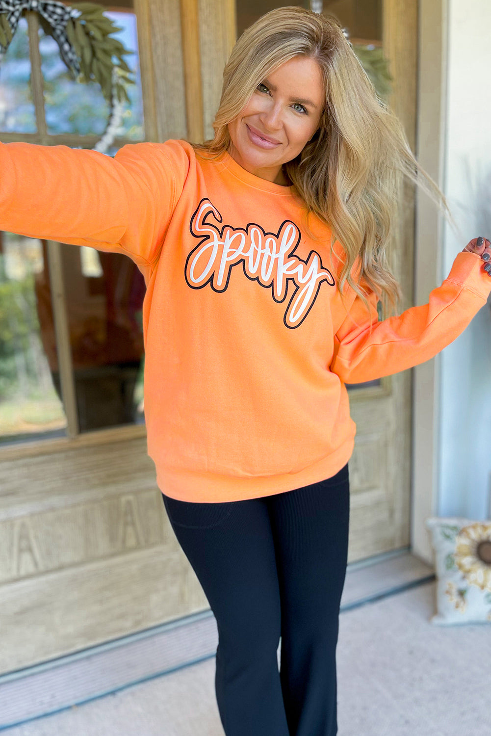 Grapefruit Orange Spooky Graphic Halloween Crew Neck Holiday Sweatshirt 🇺🇸