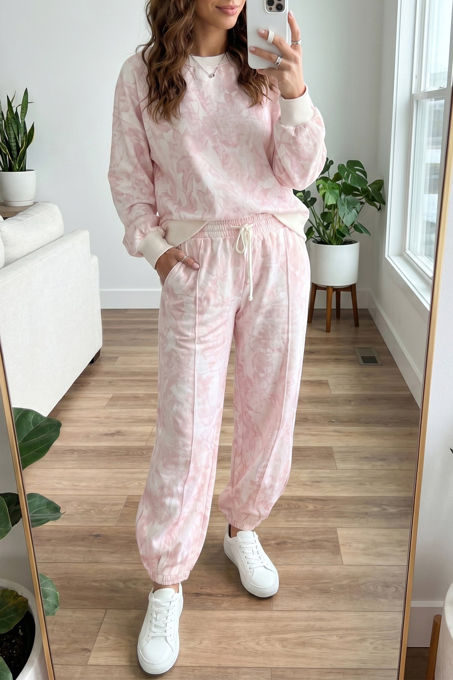 Pink Abstract Print Drop Shoulder Drawstring Waist Drawstring Hem Pant Set 🇺🇸