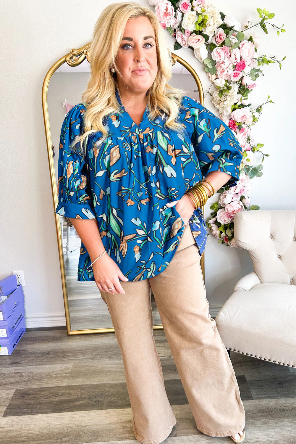 Blue Floral Notched V Neck Half Sleeve Plus Size Blouse 🇨🇳