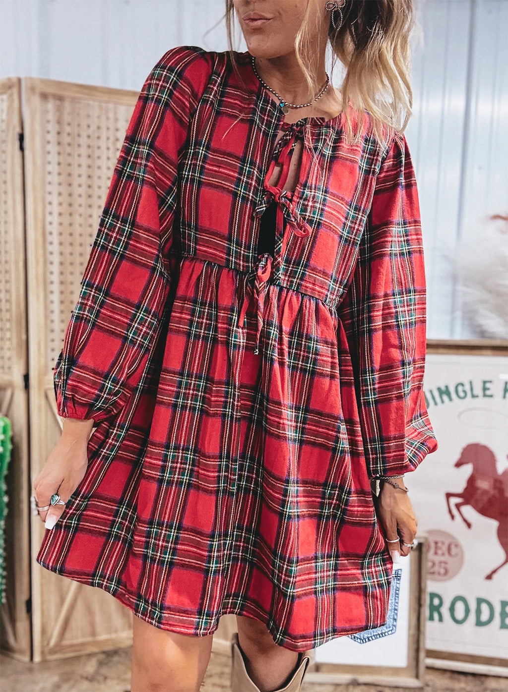 Red Plaid Tie Front Long Sleeve Short Shift Dress 🇺🇸