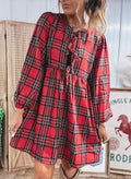 Red Plaid Tie Front Long Sleeve Short Shift Dress 🇺🇸