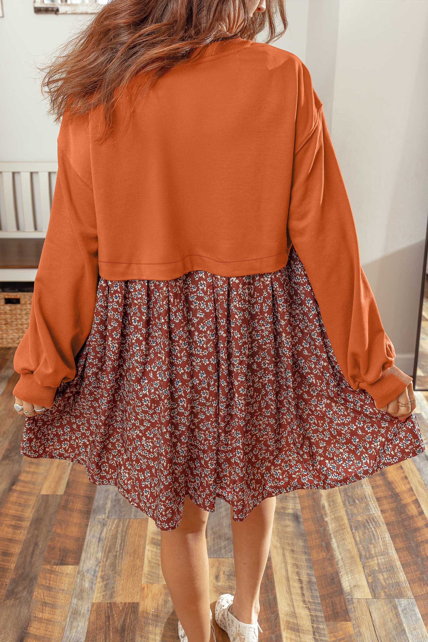 Orange Solid Long Sleeve Top Patchwork Floral Flared 2-in-1 Mini Dress 🇺🇸
