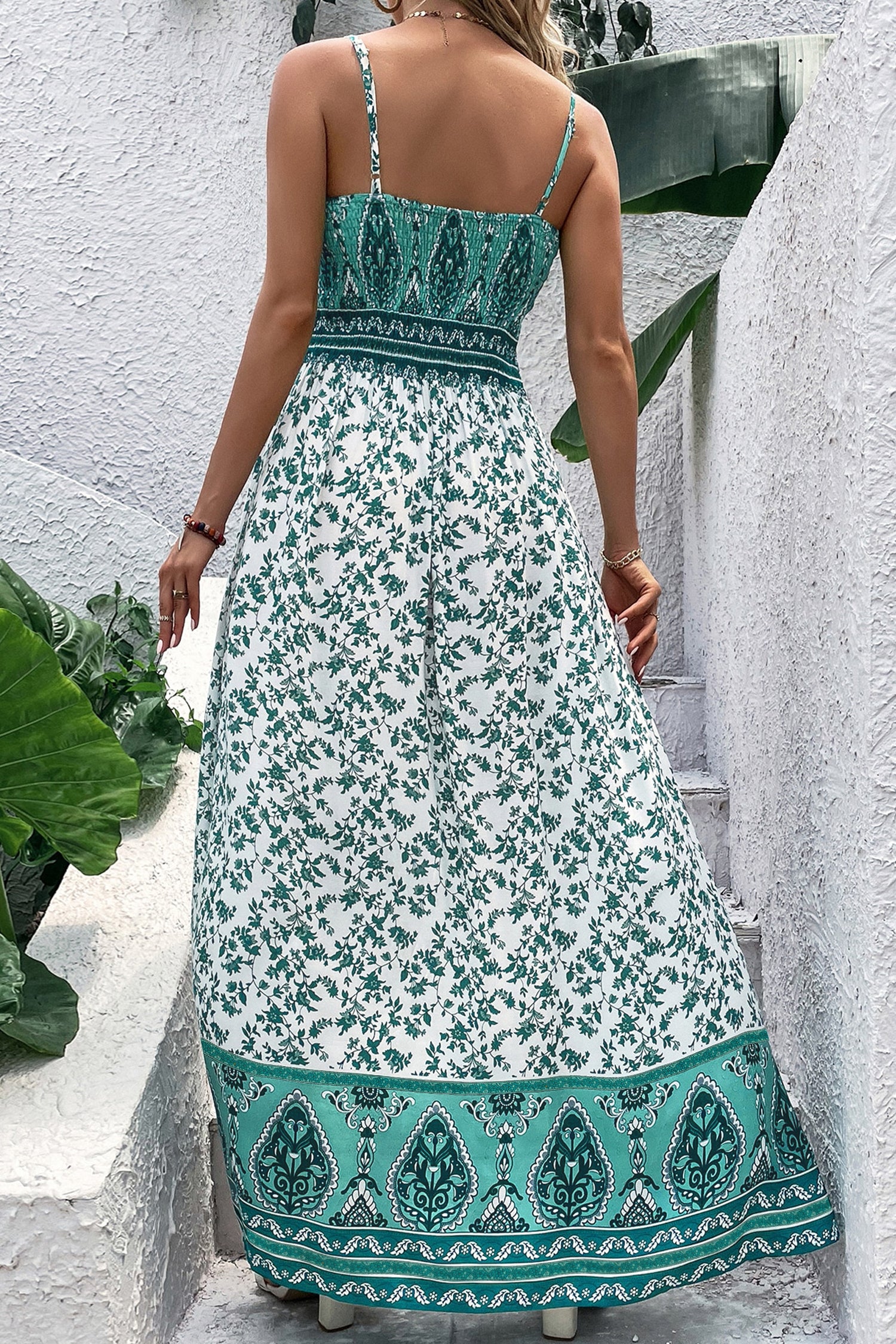 Green Boho Floral Print Shirred Cami Maxi Dress 🇺🇸