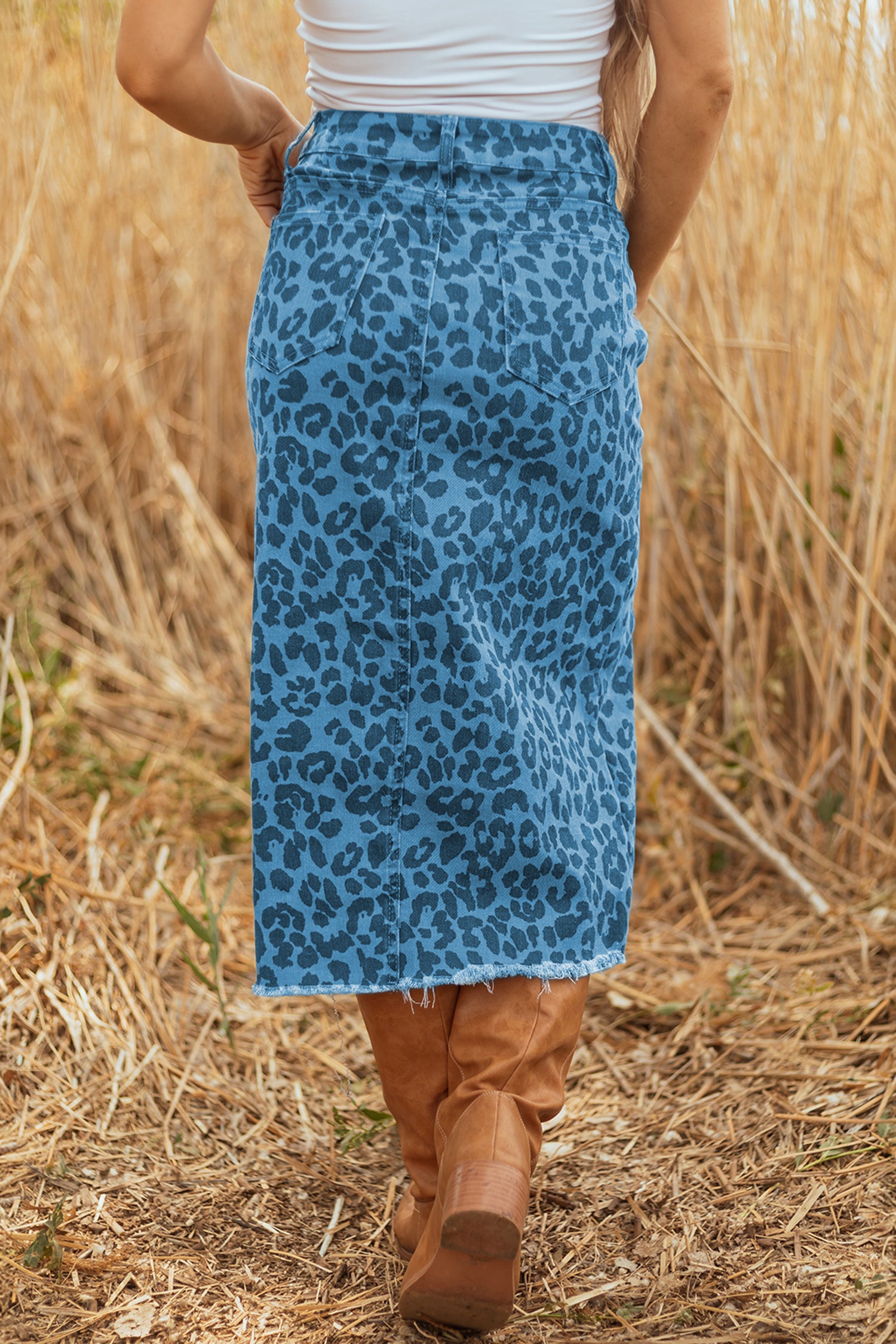 Brown Leopard Print Side Split Frayed Hem Denim Midi Skirt 🇺🇸