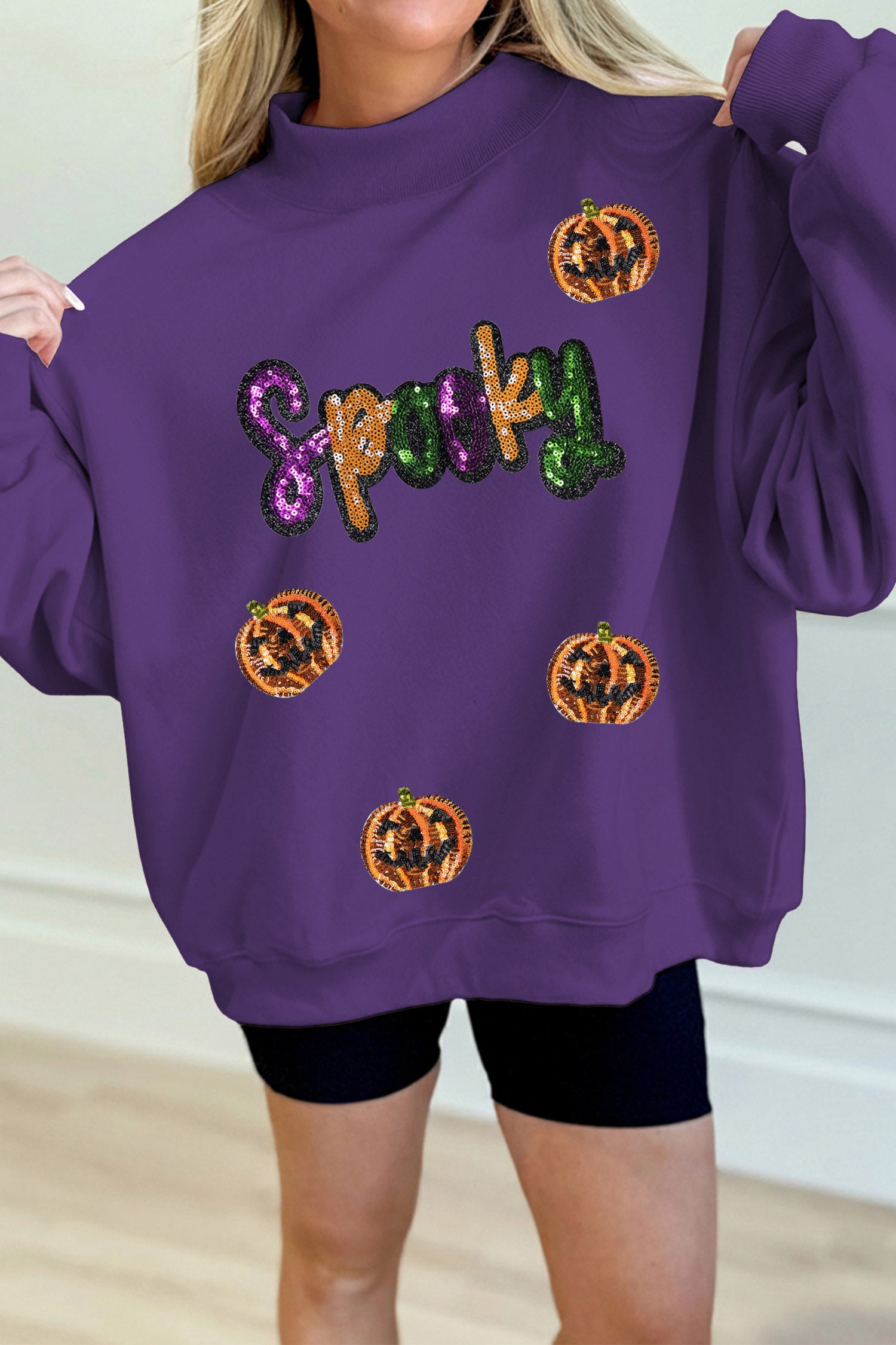Tillandsia Purple Sequin Pumpkin Spooky Graphic Halloween Pullover Sweatshirt 🇺🇸