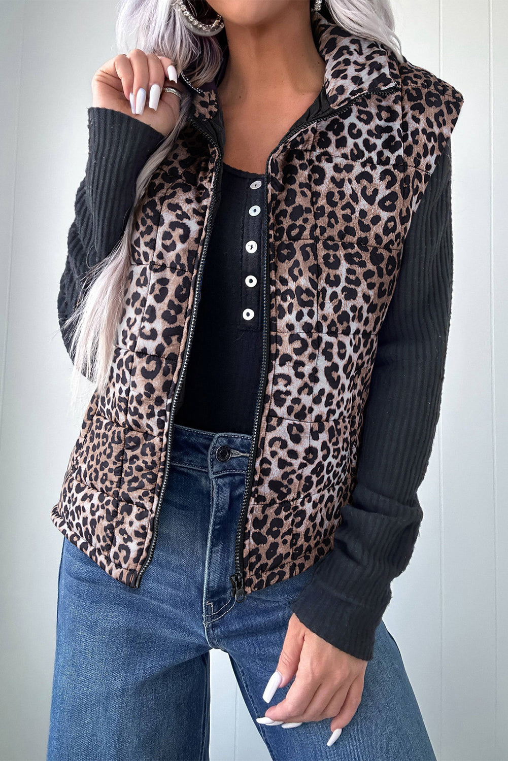 Brown Leopard Quilted Full Zipper Casual Puff Vest 🇺🇸