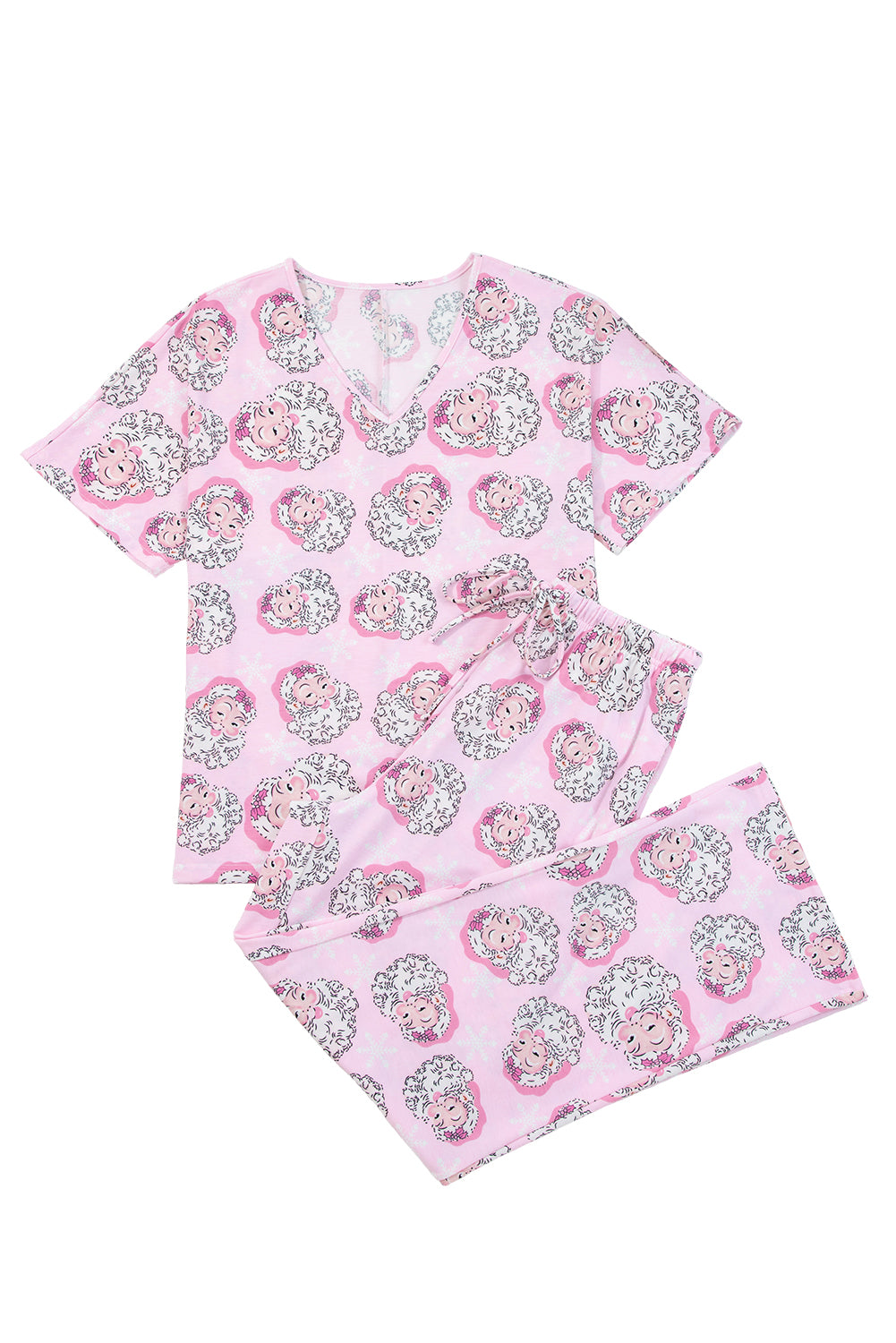 Pink Santa Claus Print V Neck Tee Drawstring Pants 2pcs Lounge Set 🇺🇸
