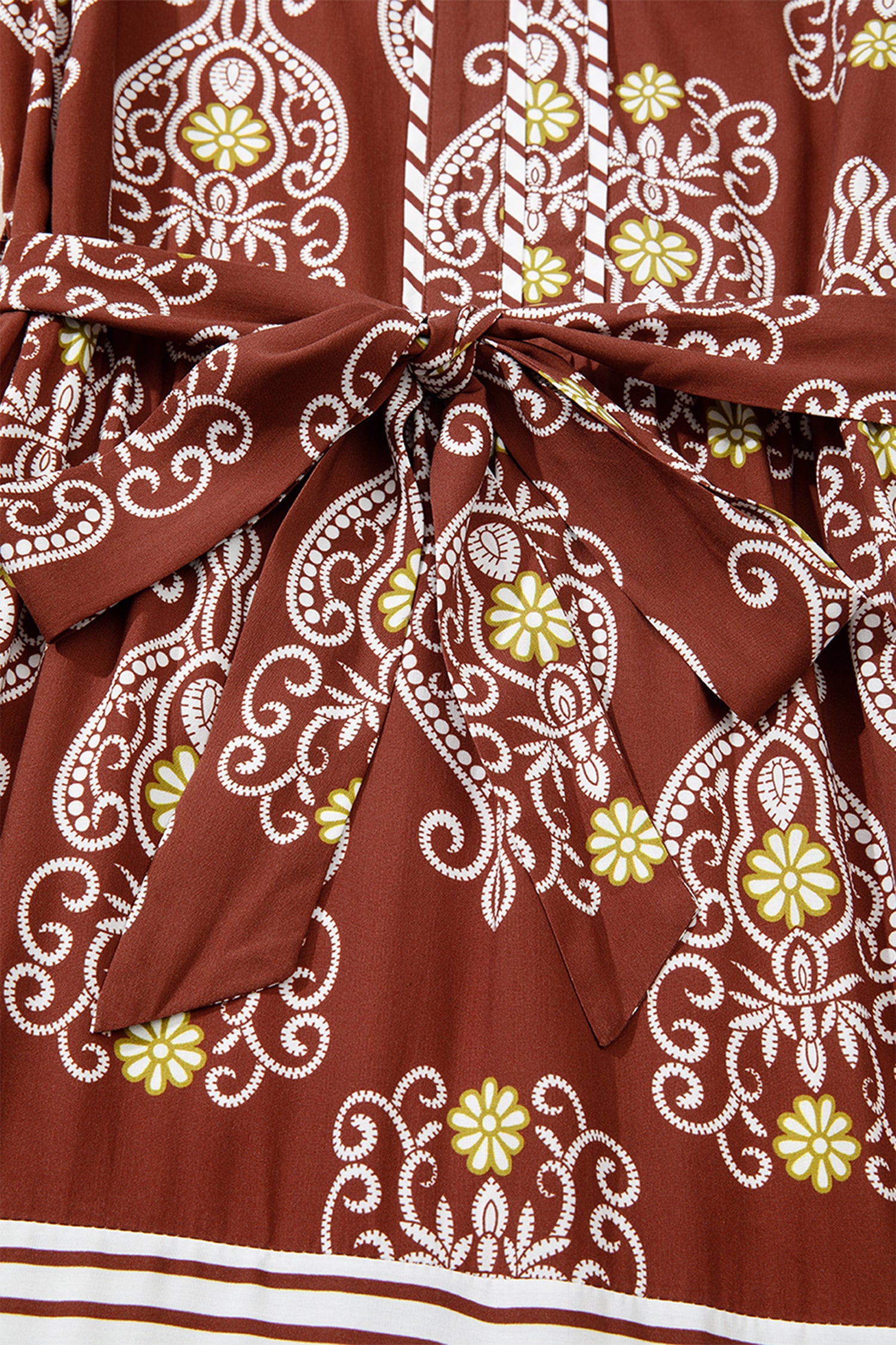 Brown Floral Print Belted Striped Trim Tiered Maxi Dress 🇺🇸