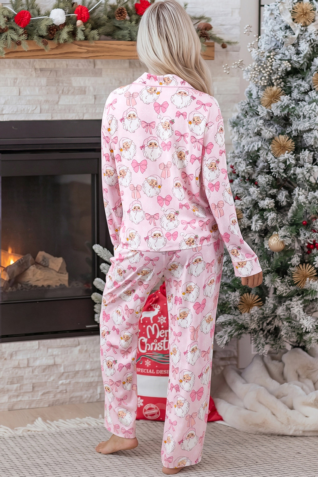 Pink Abstract Santa Print Long Sleeve Full-Length 2Pcs Lounge Set 🇺🇸